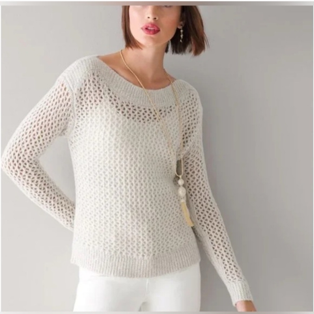 White House Black Market Sweater Size L Open Stitch Bateau Metallic Knit Cozy